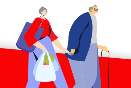 Illustration senior couple walking carrying groceries