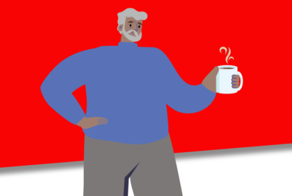 illustration of a senior holding a coffee cup