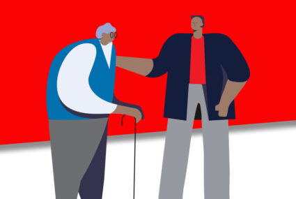 Illustration man talking to senior with hand on his shoulder