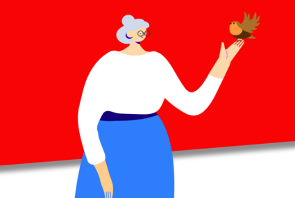 Illustration of a senior lady with a bird resting on her outstretched hand