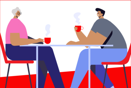 Graphic of senior lady and adult child drinking coffee