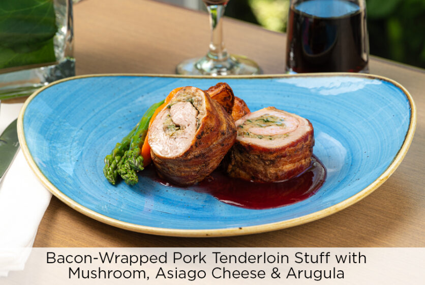 The Wexford Seniors Living Menu Pork Tenderloin wrapped with bacon stuffed with mushroom, asiago cheese and arugula